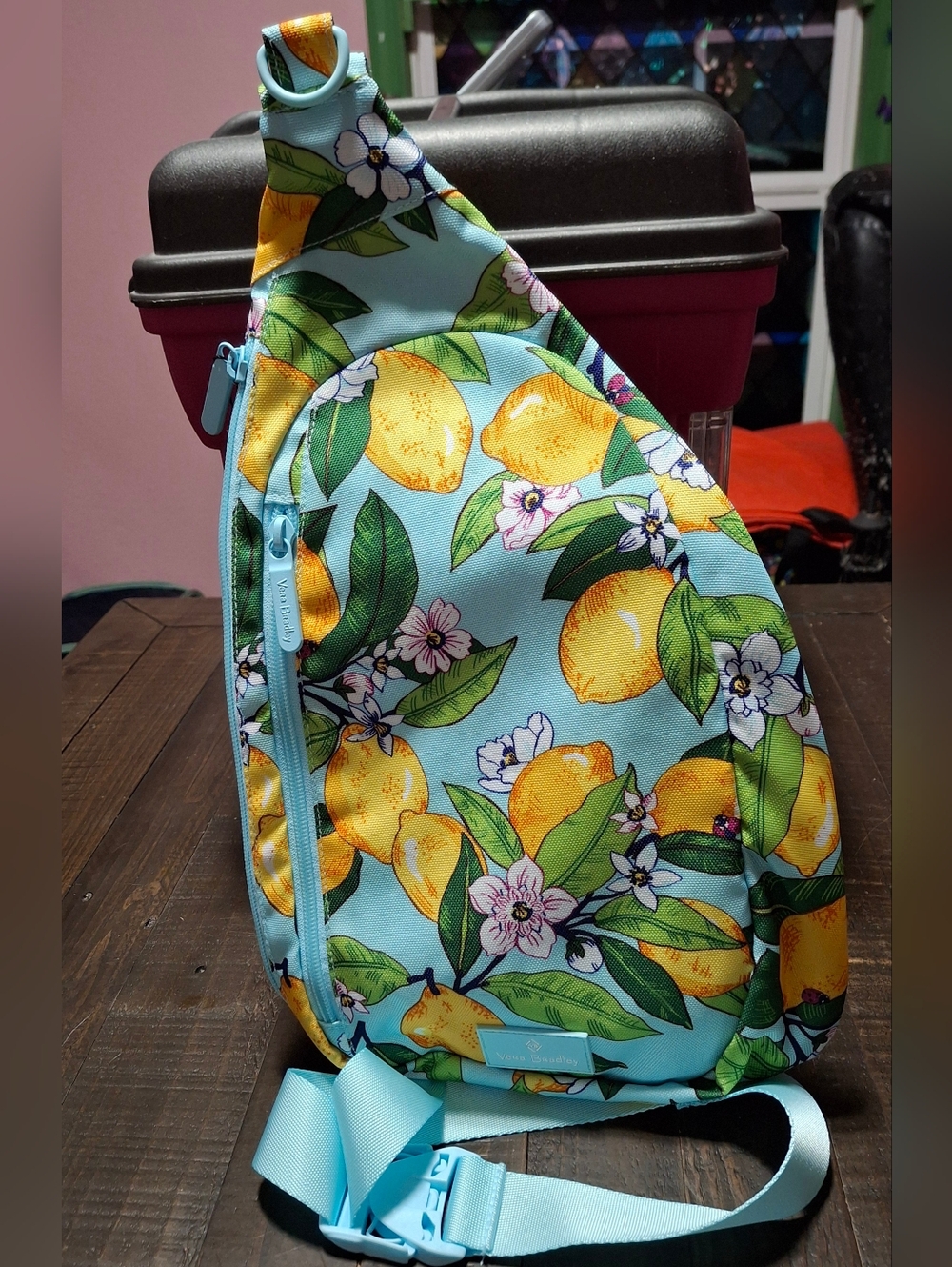 Vera Bradley Lemon Grove Print Aqua Sling Backpack
